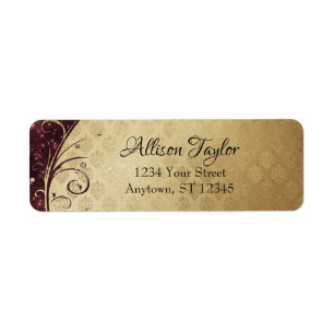 Elegant Burgundy en Gold Damask Return Address Etiket