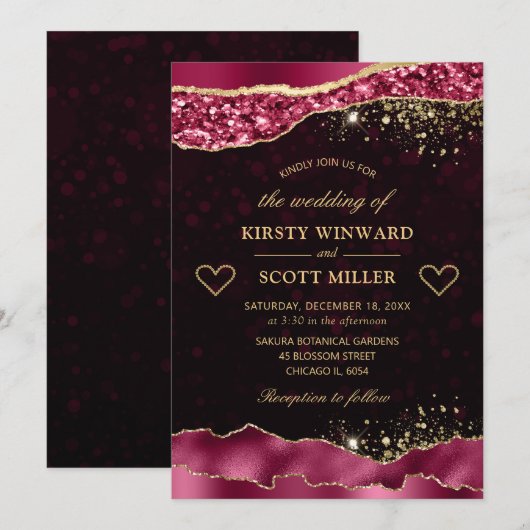 Elegant Burgundy en Gold Glam Tears Edges Wedding Kaart (Voorkant / Achterkant)