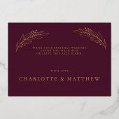 Elegant Burgundy en Gold Wedding Hartelijk dank Folie Uitnodiging (Achterkant)