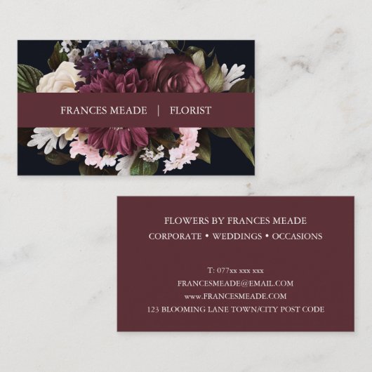 Elegant Burgundy en White Floral | Visitekaartje (Voorkant / Achterkant)