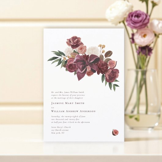Elegant Burgundy fig Floral Wedding Announcement Kaart