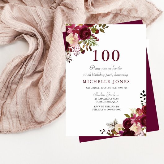 Elegant Burgundy Floral 100th Birthday Invitation Kaart