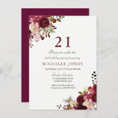 Elegant Burgundy Floral 21st Birthday Uitnodiging (Voorkant / Achterkant)
