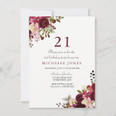 Elegant Burgundy Floral 21st Birthday Uitnodiging (Voorkant)