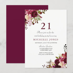 Elegant Burgundy Floral 21st Birthday Uitnodiging