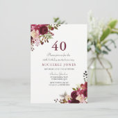 Elegant Burgundy Floral 40th Birthday Invitation Kaart (Staand voorkant)