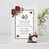 Elegant Burgundy Floral 40th Birthday Party Kaart (Staand voorkant)