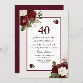 Elegant Burgundy Floral 40th Birthday Party Kaart
