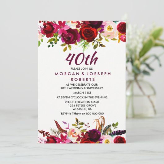 Elegant Burgundy Floral 40th Wedding Jubileum Kaart (Staand voorkant)