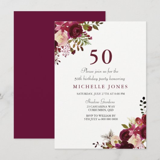 Elegant Burgundy Floral 50th Birthday Invitation Kaart (Voorkant / Achterkant)