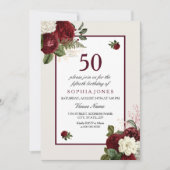 Elegant Burgundy Floral 50th Birthday Party Kaart (Voorkant)