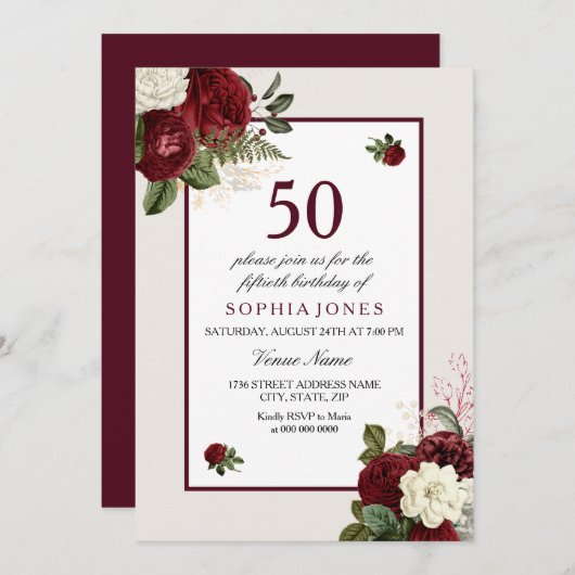 Elegant Burgundy Floral 50th Birthday Party Kaart (Voorkant / Achterkant)