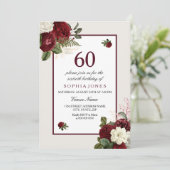 Elegant Burgundy Floral 60th Birthday Party Kaart (Staand voorkant)