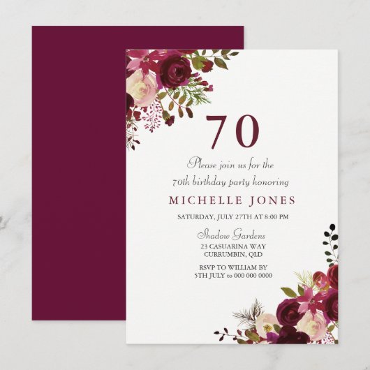 Elegant Burgundy Floral 70th Birthday Invitation Kaart (Voorkant / Achterkant)