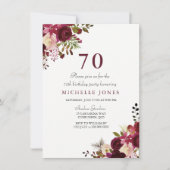 Elegant Burgundy Floral 70th Birthday Invitation Kaart (Voorkant)