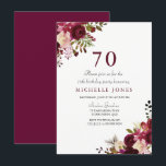 Elegant Burgundy Floral 70th Birthday Invitation Kaart<br><div class="desc">Elegant Burgundy Floral 70th Birthday Invitation Matching collectie in Niche and Nest store.</div>