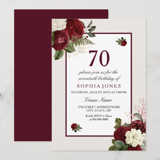 Elegant Burgundy Floral 70th Birthday Party Kaart (Voorkant / Achterkant)