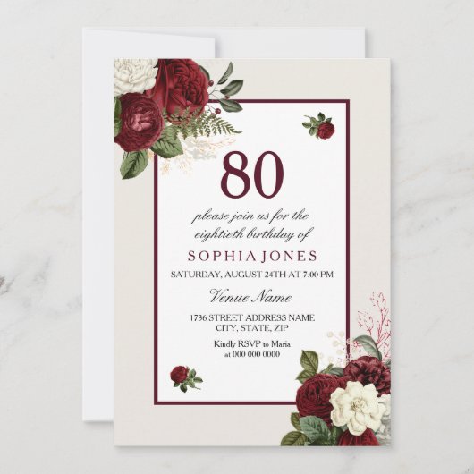 Elegant Burgundy Floral 80th Birthday Party Kaart (Voorkant)