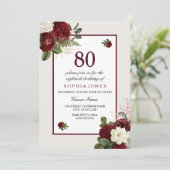 Elegant Burgundy Floral 80th Birthday Party Kaart (Staand voorkant)