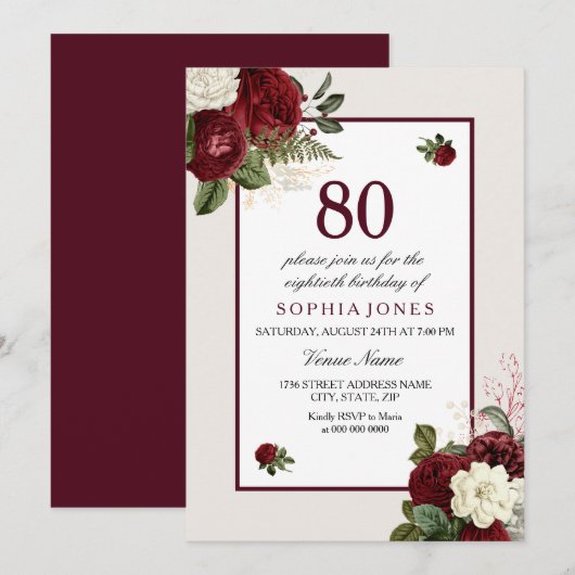 Elegant Burgundy Floral 80th Birthday Party Kaart (Voorkant / Achterkant)