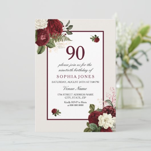 Elegant Burgundy Floral 90th Birthday Party Kaart (Staand voorkant)