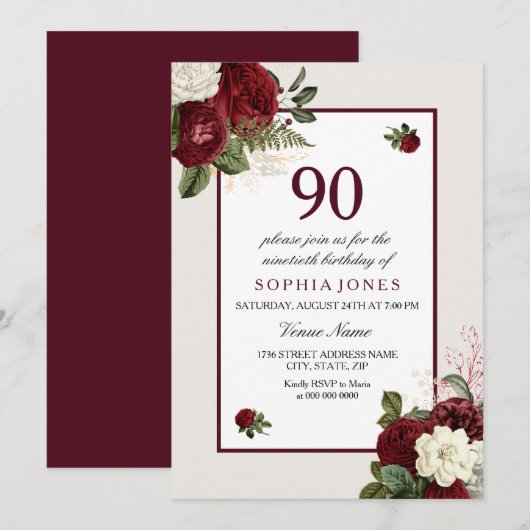 Elegant Burgundy Floral 90th Birthday Party Kaart (Voorkant / Achterkant)