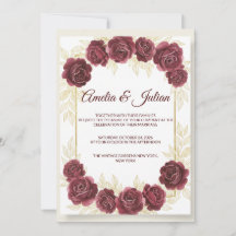 Elegant Burgundy Floral and Gold Wedding Invitatio