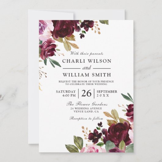 Elegant Burgundy Floral Autumn Herfst Spring Weddi Kaart (Voorkant)