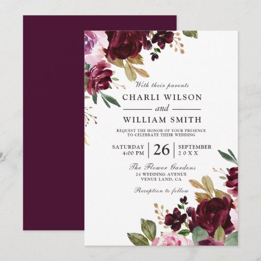 Elegant Burgundy Floral Autumn Herfst Spring Weddi Kaart (Voorkant / Achterkant)