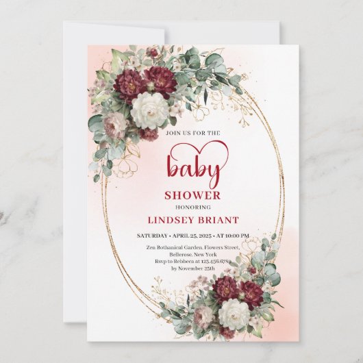 Elegant Burgundy Floral Baby Shower Invitation Kaart (Voorkant)