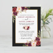Elegant Burgundy Floral Black Gold Lijst Weddensch Kaart (Staand voorkant)
