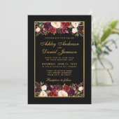 Elegant Burgundy Floral Black Gold Lijst Weddensch Kaart (Staand voorkant)