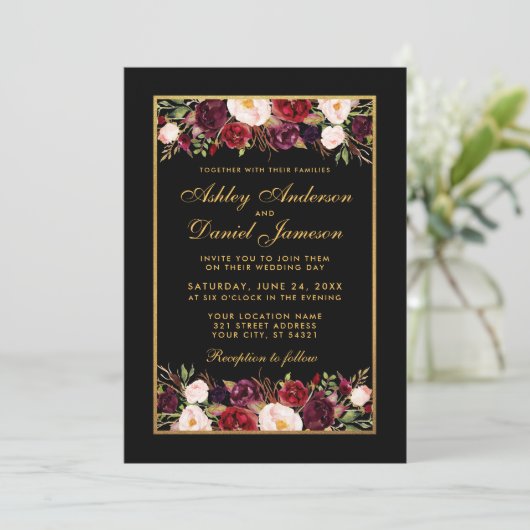 Elegant Burgundy Floral Black Gold Lijst Weddensch Kaart (Staand voorkant)