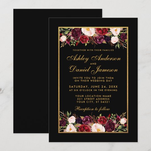 Elegant Burgundy Floral Black Gold Lijst Weddensch Kaart (Voorkant / Achterkant)