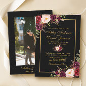 Elegant Burgundy Floral Black Gold Photo Weduwa Kaart