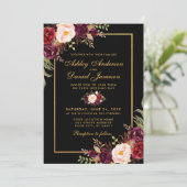 Elegant Burgundy Floral Black Gold Photo Weduwa Kaart (Staand voorkant)