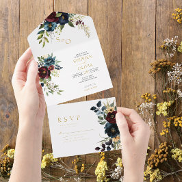 Elegant Burgundy Floral Blooms & Greenery wedding All In One Uitnodiging