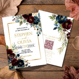 Elegant Burgundy Floral Blooms wedding  QR details Kaart