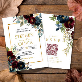 Elegant Burgundy Floral Blooms wedding QR RSVP Kaart