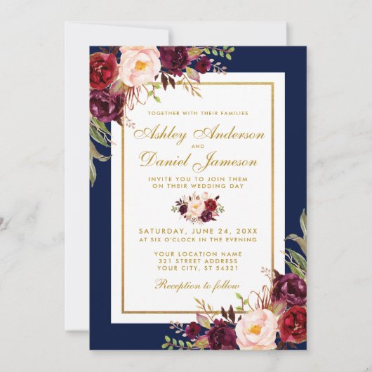 Elegant Burgundy Floral Blue Gold Wedding Invite Kaart (Voorkant)