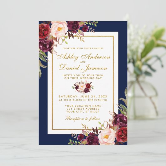 Elegant Burgundy Floral Blue Gold Wedding Invite Kaart (Staand voorkant)
