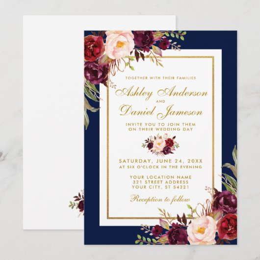 Elegant Burgundy Floral Blue Gold Wedding Invite Kaart (Voorkant / Achterkant)