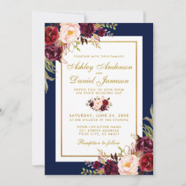 Elegant Burgundy Floral Blue Gold Wedding Invite Kaart