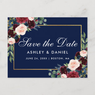 Elegant Burgundy Floral Blue Save the Date Aankondigingskaart