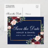 Elegant Burgundy Floral Blue Save the Date Aankondigingskaart (Voorkant / Achterkant)