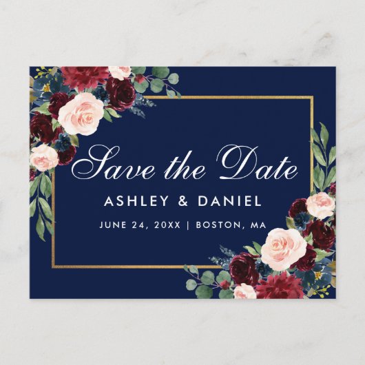 Elegant Burgundy Floral Blue Save the Date Aankondigingskaart (Voorkant)