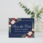 Elegant Burgundy Floral Blue Save the Date Aankondigingskaart (Staand voorkant)