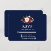 Elegant Burgundy Floral Blue Wedding RSVP (Voorkant / Achterkant)