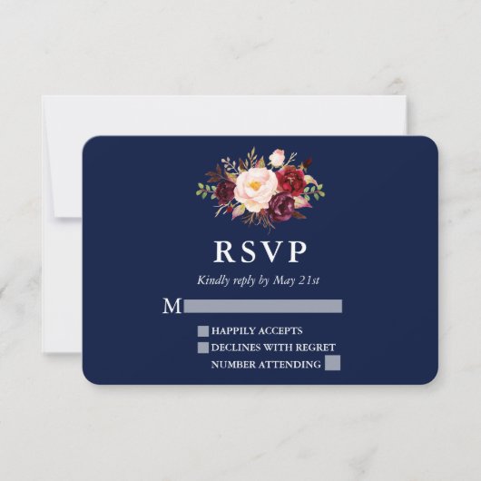 Elegant Burgundy Floral Blue Wedding RSVP Kaartje (Voorkant)
