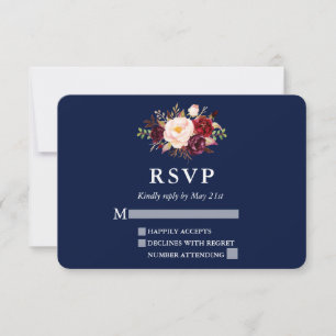Elegant Burgundy Floral Blue Wedding RSVP Kaartje